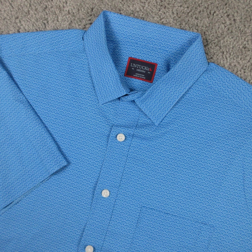 Untuckit Shirt Mens Medium Blue Geometric Farina Cotton Short Sleeve Button Up